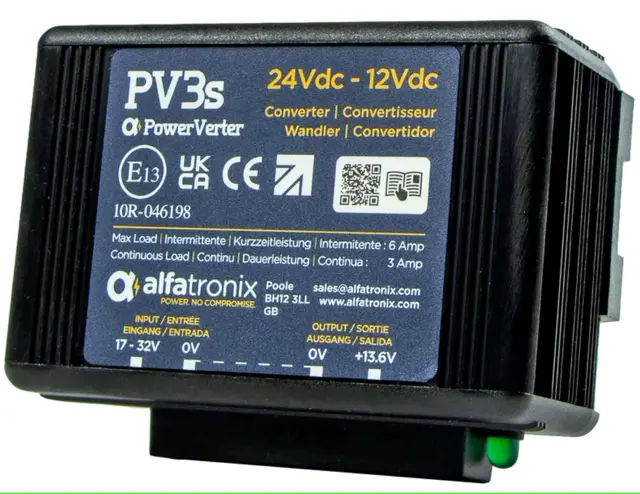 PV3s spenningsomformer (DC-DC) 24-12Vdc, 36W, 3A/6A, u. galv. skille 